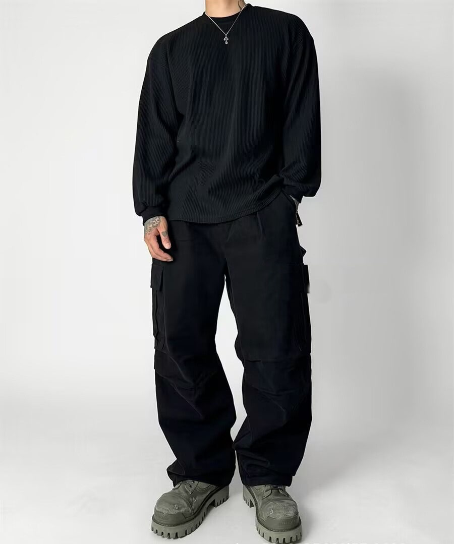 メンズ 欧米風 ワッフルスウェット 美式 長袖カットソー 立体肌理感 ワーク風インナーTシャツ★全4色