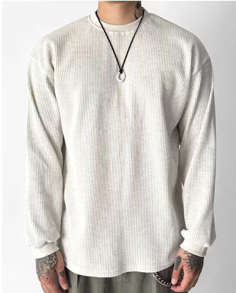 メンズ 欧米風 ワッフルスウェット 美式 長袖カットソー 立体肌理感 ワーク風インナーTシャツ★全4色