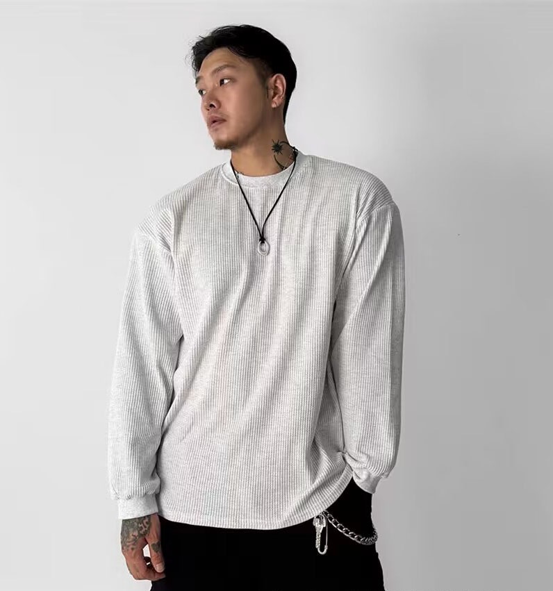 メンズ 欧米風 ワッフルスウェット 美式 長袖カットソー 立体肌理感 ワーク風インナーTシャツ★全4色