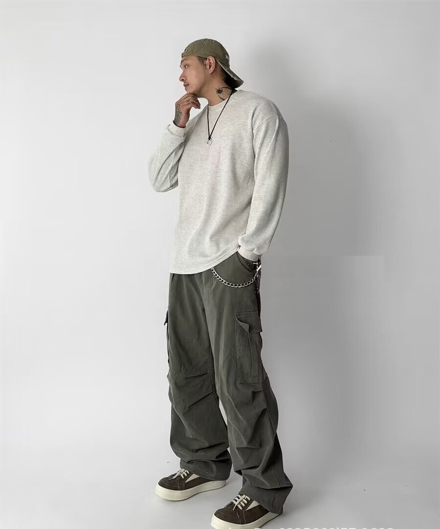 メンズ 欧米風 ワッフルスウェット 美式 長袖カットソー 立体肌理感 ワーク風インナーTシャツ★全4色