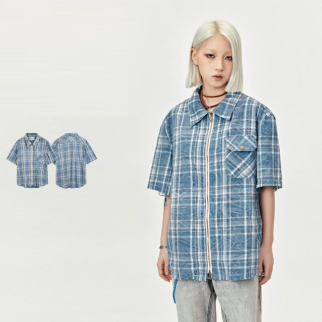 PEOPLESTYLE チェック柄 ルーズ 半袖 ット シャツ 男女兼用 メンズファッション チェック柄 半袖シャツ 男女兼用 ストリート