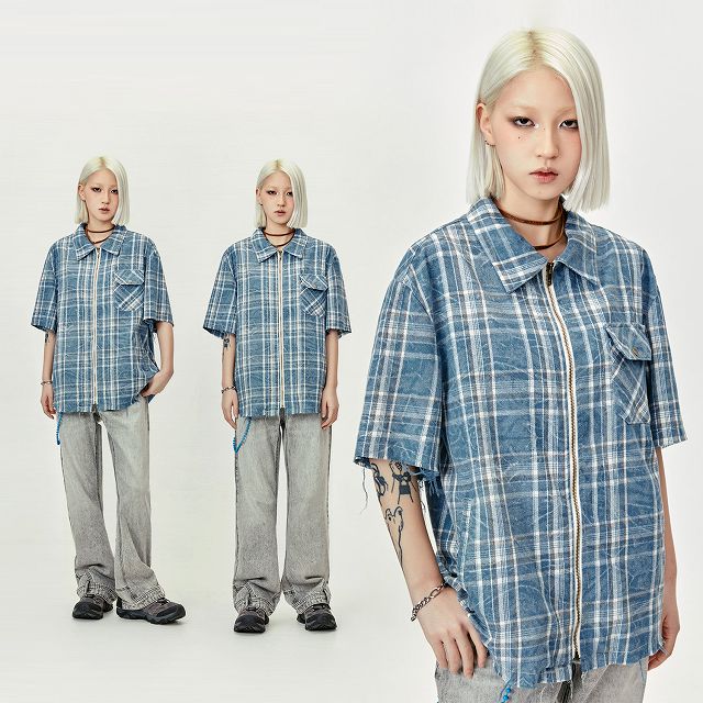 PEOPLESTYLE チェック柄 ルーズ 半袖 ット シャツ 男女兼用 メンズファッション チェック柄 半袖シャツ 男女兼用 ストリート