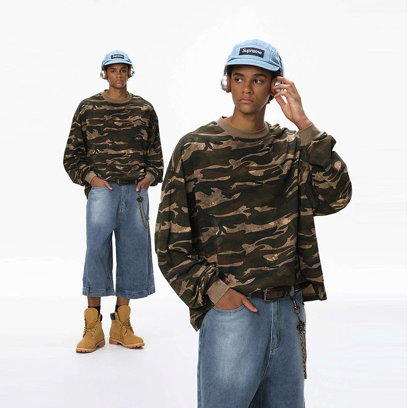 メンズ カモフラ柄 ボクシーシルエット 長袖Tシャツ カジュアル