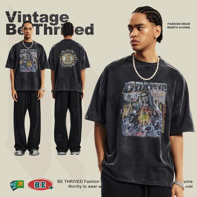 【BORNCHAMPS】ビンテージ フード Tシャツ★カップル★ 男女共用 メンズファッション ビンテージ風 半袖Tシャツ 男女兼用