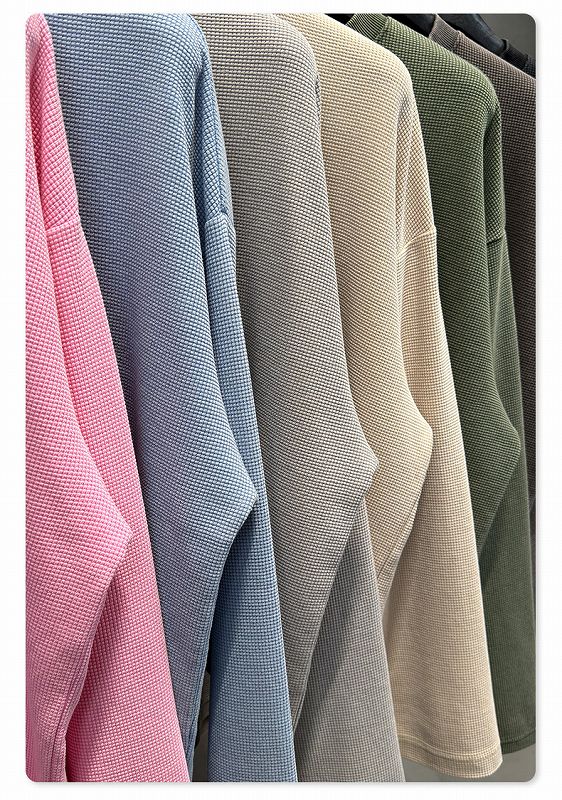 メンズ ワッフル素材 無地 長袖 Tシャツ 男女専用 ボックス シルエット トップス 春秋 2026新作★全7色