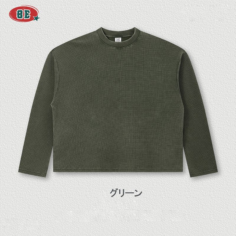メンズ ワッフル素材 無地 長袖 Tシャツ 男女専用 ボックス シルエット トップス 春秋 2026新作★全7色