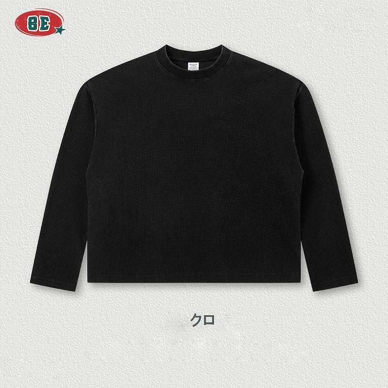 メンズ ワッフル素材 無地 長袖 Tシャツ 男女専用 ボックス シルエット トップス 春秋 2026新作★全7色