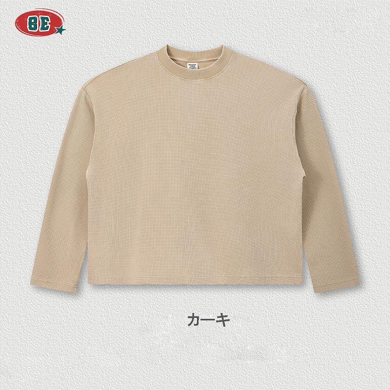 メンズ ワッフル素材 無地 長袖 Tシャツ 男女専用 ボックス シルエット トップス 春秋 2026新作★全7色