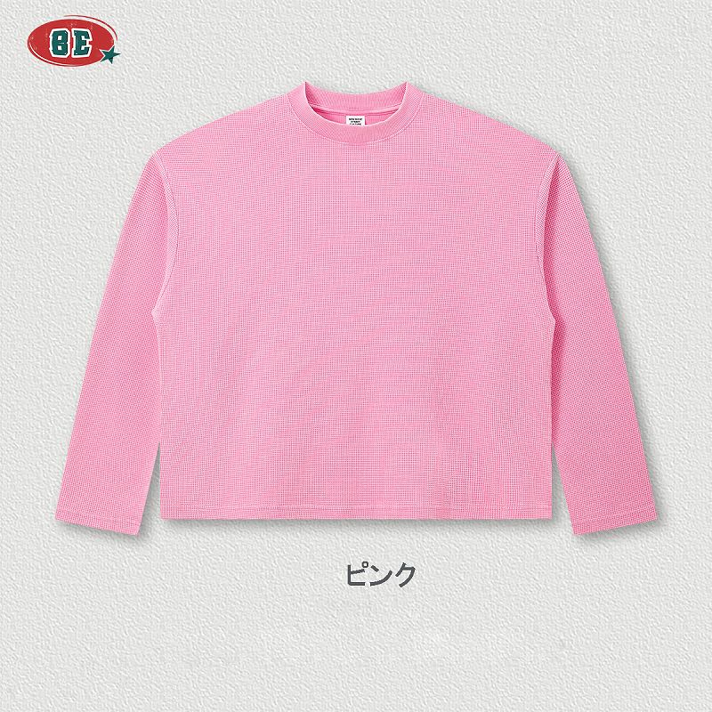 メンズ ワッフル素材 無地 長袖 Tシャツ 男女専用 ボックス シルエット トップス 春秋 2026新作★全7色