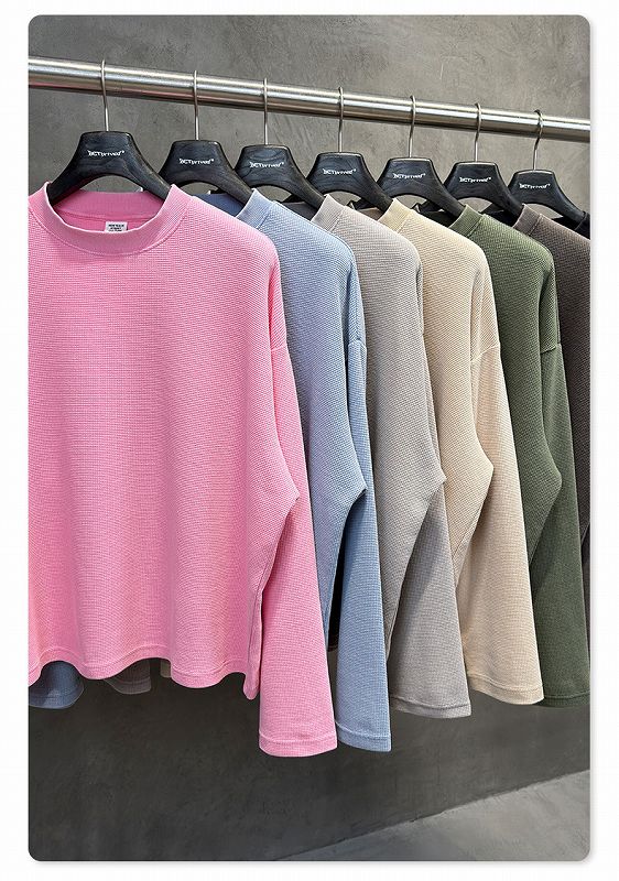 メンズ ワッフル素材 無地 長袖 Tシャツ 男女専用 ボックス シルエット トップス 春秋 2026新作★全7色