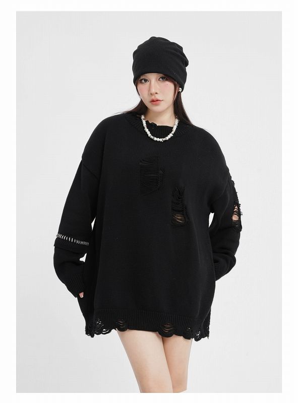 メンズ ダメージ加工 長袖 ニット・セーター 男女兼用 ストリート系