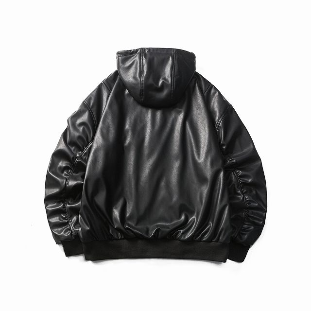 【即納/在庫処分】メンズ フード付き PU ジャケット 男女兼用 ストリート系 防寒アウター 春秋冬 2024新作★
