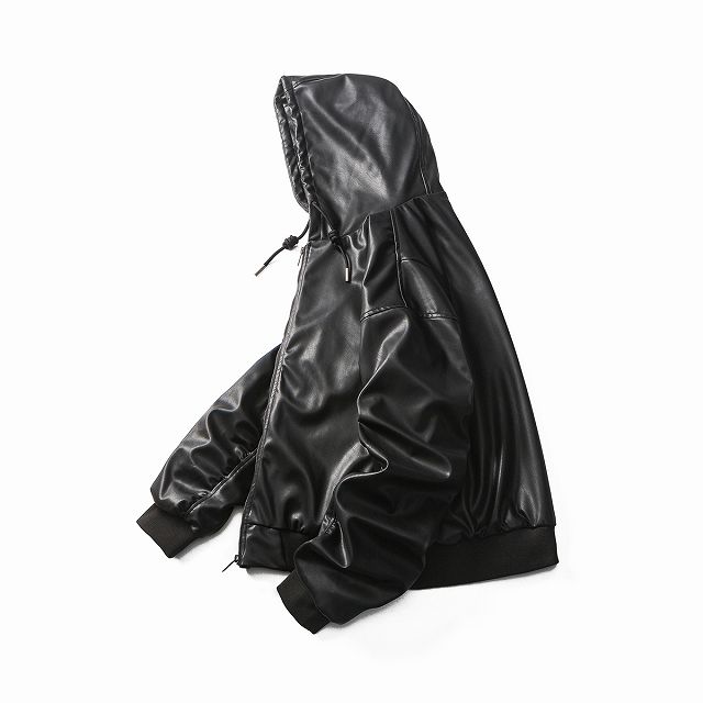 【即納/在庫処分】メンズ フード付き PU ジャケット 男女兼用 ストリート系 防寒アウター 春秋冬 2024新作★