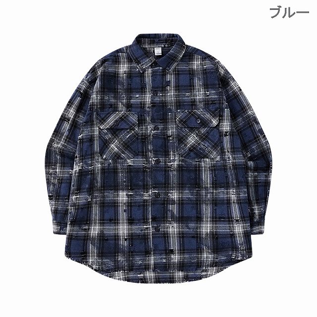 ブルーチェック メンズ ルーズシャツ ダメージ加工 メンズ ダメージ加工 チェック柄 長袖 シャツ 男女兼用