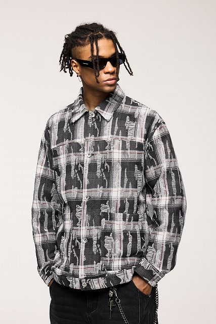 メンズ ダメージ加工 チェック柄 長袖 シャツ 男女兼用 ストリート系