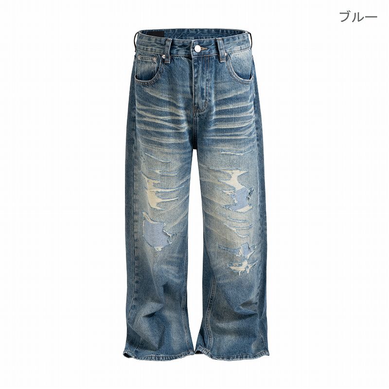 メンズ ダメージ加工 デニム パンツ 男女兼用 ストリート系 ストレート ボトムス 春秋 2026新作★