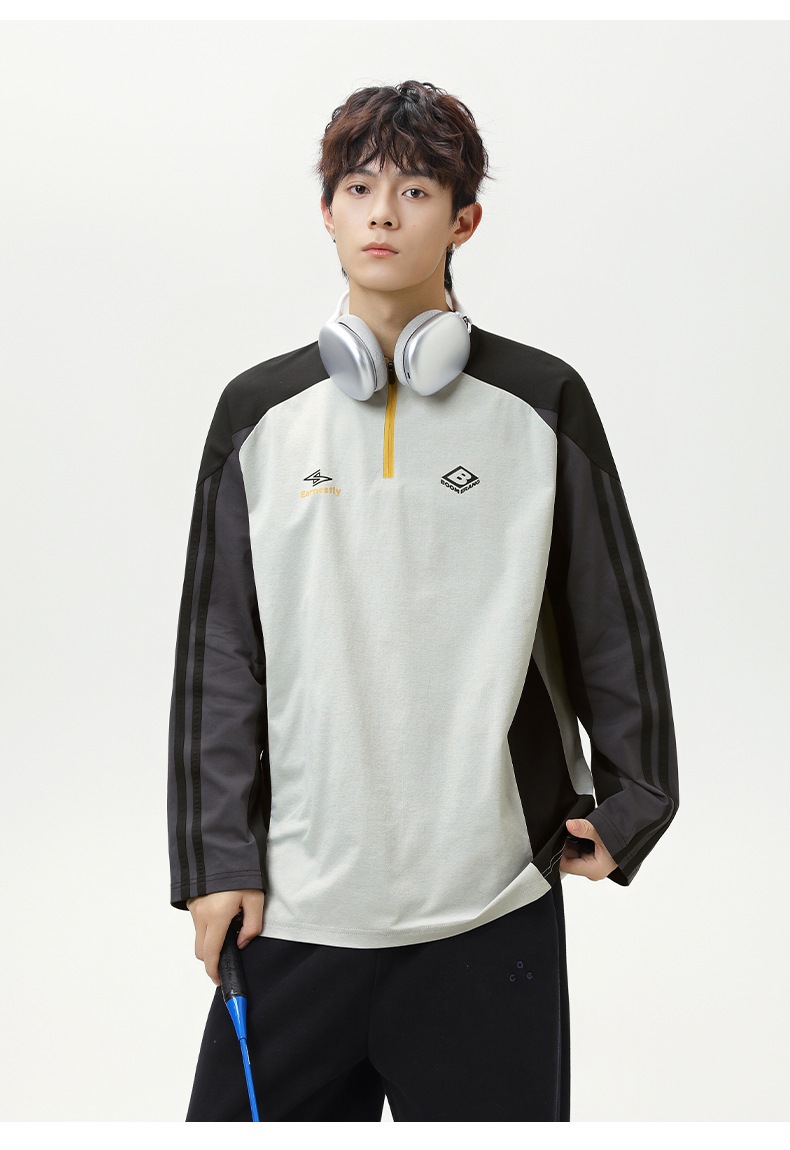 メンズ 秋新作 配色切り替え長袖スポーツTシャツ ハーフジップ