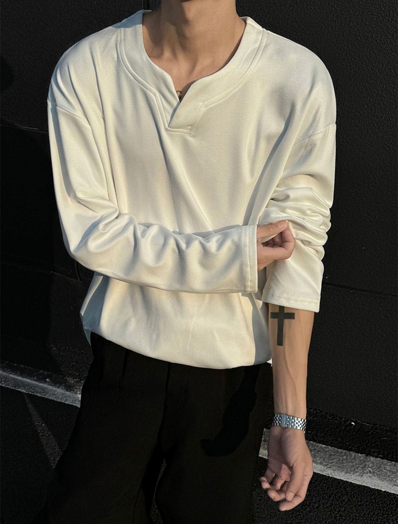 メンズ VネックフリーススウェットTシャツ 暖かインナー 長袖Tシャツ おしゃれカジュアルトップス★全3色