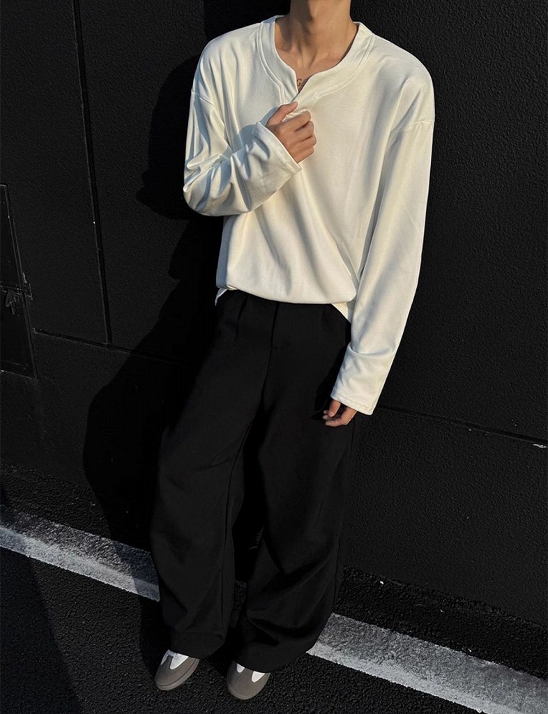 メンズ VネックフリーススウェットTシャツ 暖かインナー 長袖Tシャツ おしゃれカジュアルトップス★全3色