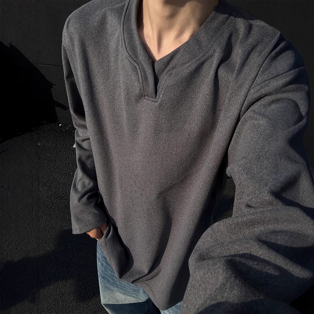 メンズ VネックフリーススウェットTシャツ 暖かインナー 長袖Tシャツ おしゃれカジュアルトップス★全3色
