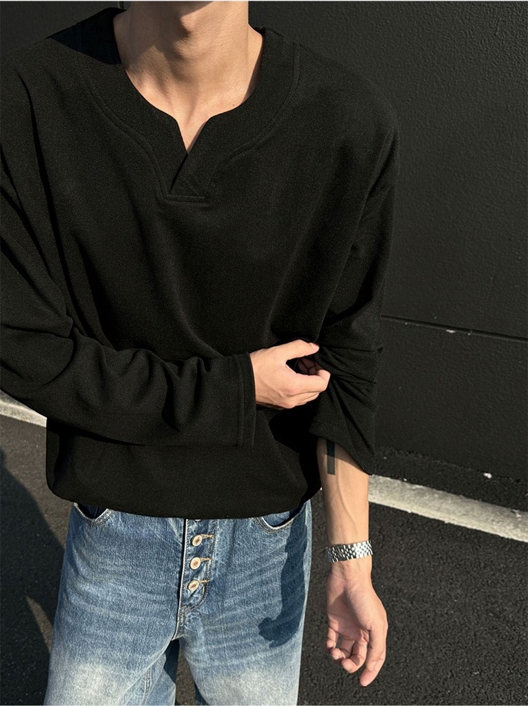 メンズ VネックフリーススウェットTシャツ 暖かインナー 長袖Tシャツ おしゃれカジュアルトップス★全3色