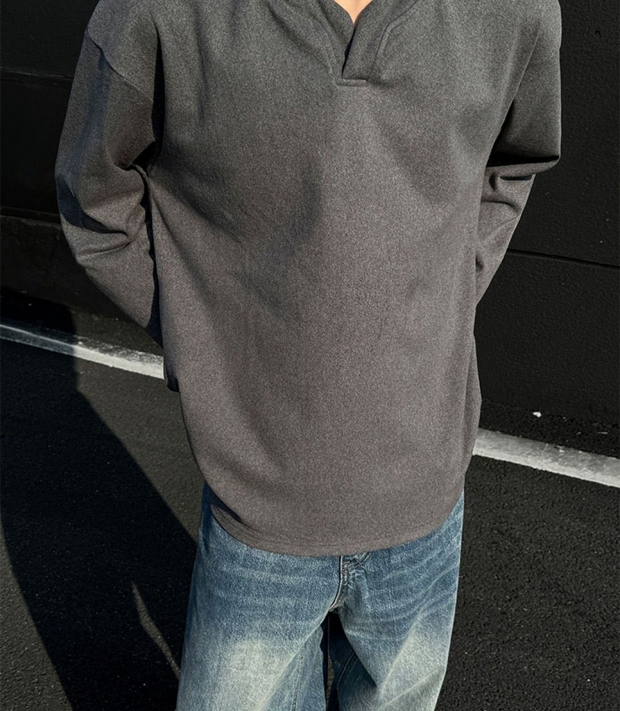 メンズ VネックフリーススウェットTシャツ 暖かインナー 長袖Tシャツ おしゃれカジュアルトップス★全3色