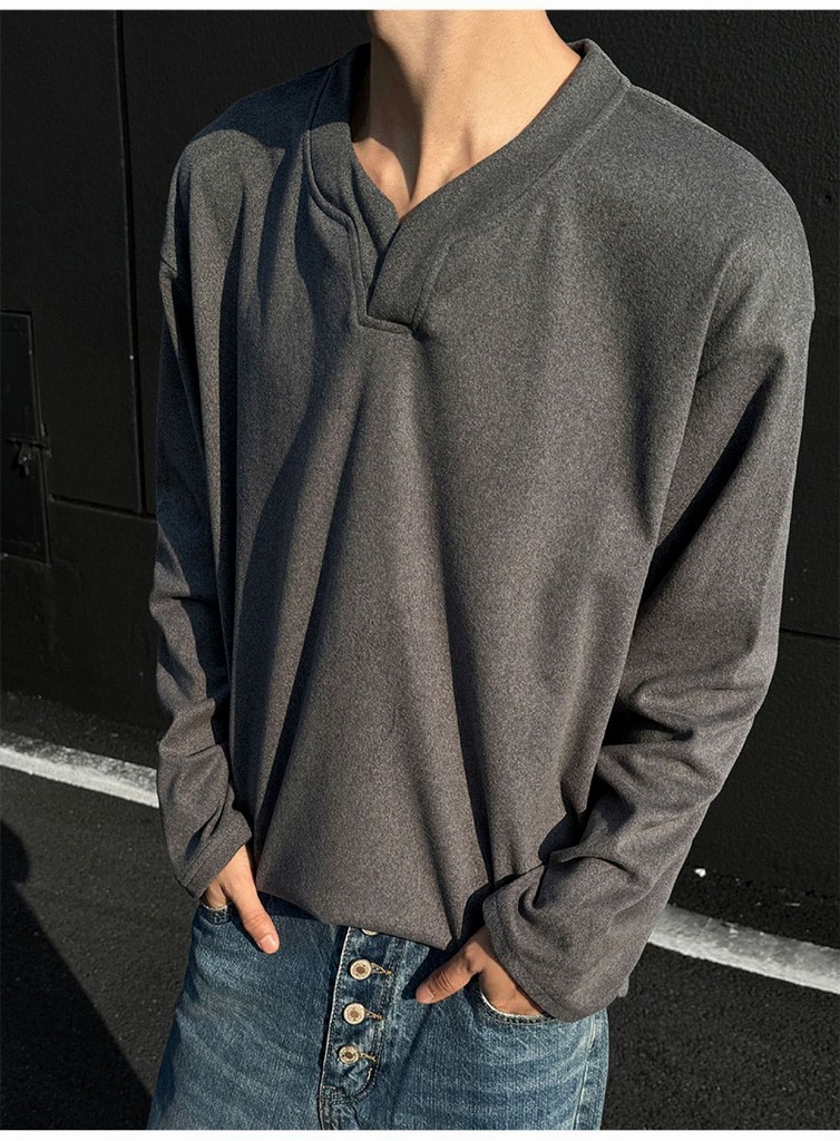 メンズ VネックフリーススウェットTシャツ 暖かインナー 長袖Tシャツ おしゃれカジュアルトップス★全3色