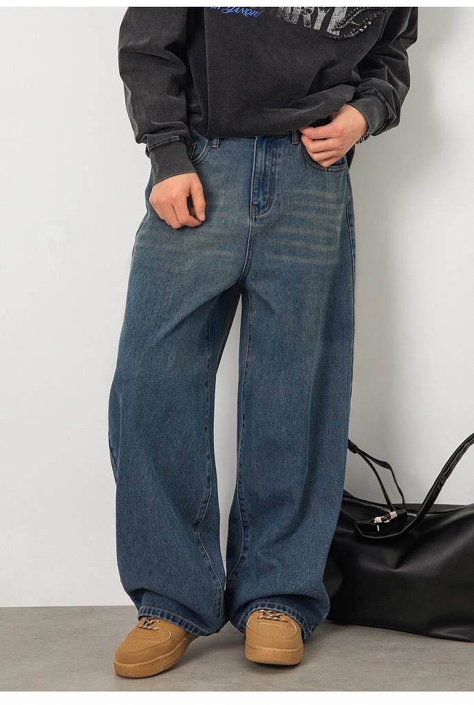 メンズ グラデーション ストレートデニムパンツ 春 ヴィンテージ加工 アメカジ レトロ カジュアル ジーンズ