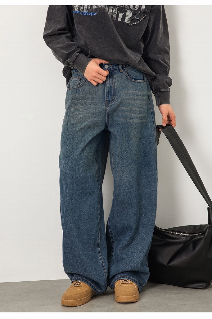 メンズ グラデーション ストレートデニムパンツ 春 ヴィンテージ加工 アメカジ レトロ カジュアル ジーンズ