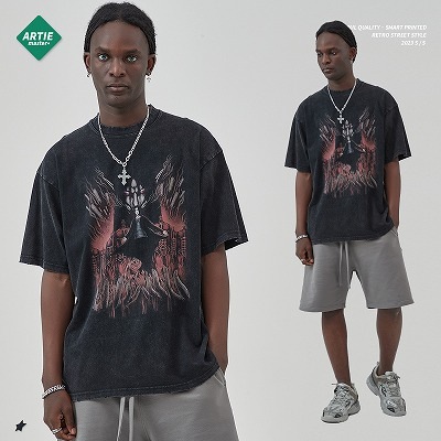 メンズ ダメージ加工 ビンテージ風 半袖Tシャツ 男女兼用 ストリート系