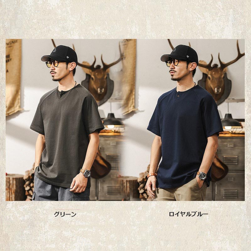 メンズ 美式ヴィンテージ風 ヘンリーネック半袖Tシャツ カジュアル