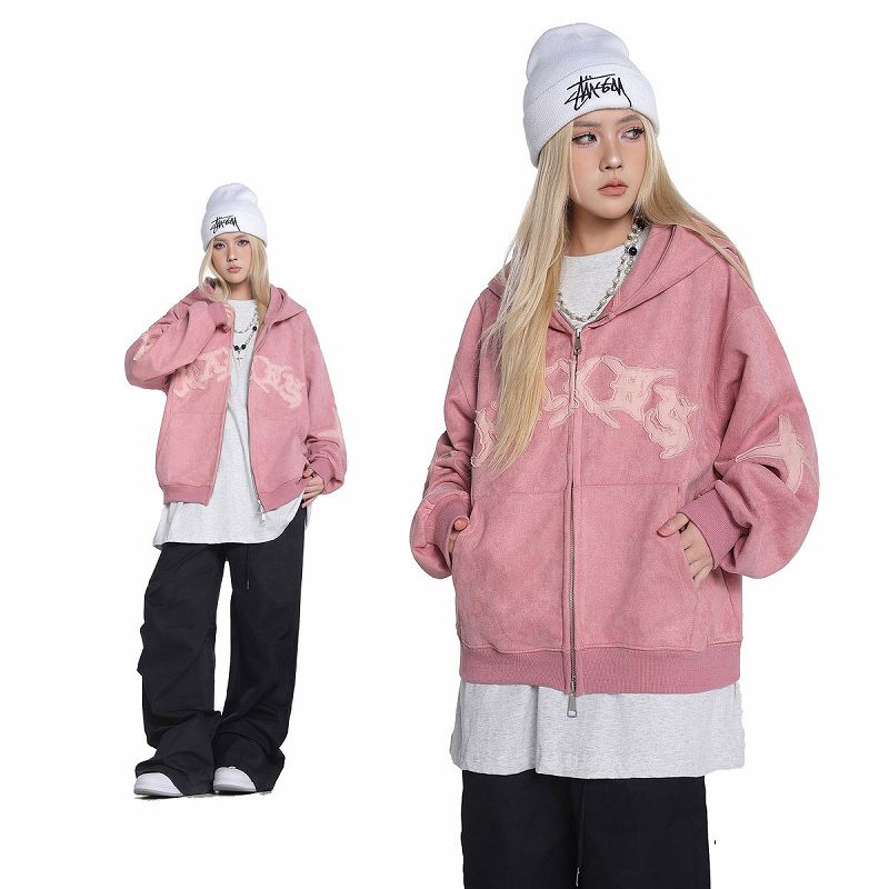 メンズ 刺繍入り スエード ジップアップ パーカー 男女兼用 ストリート系 トップス 春秋 2026新作★全3色