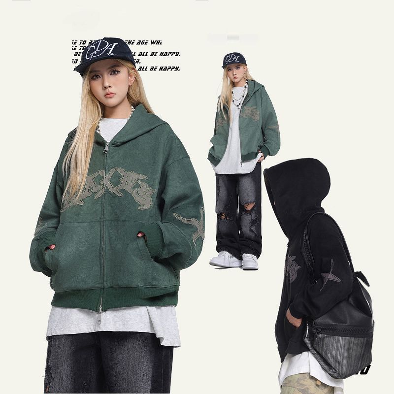 メンズ 刺繍入り スエード ジップアップ パーカー 男女兼用 ストリート系 トップス 春秋 2026新作★全3色