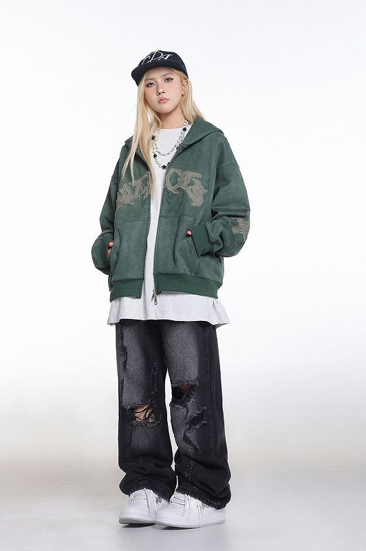 メンズ 刺繍入り スエード ジップアップ パーカー 男女兼用 ストリート系 トップス 春秋 2026新作★全3色