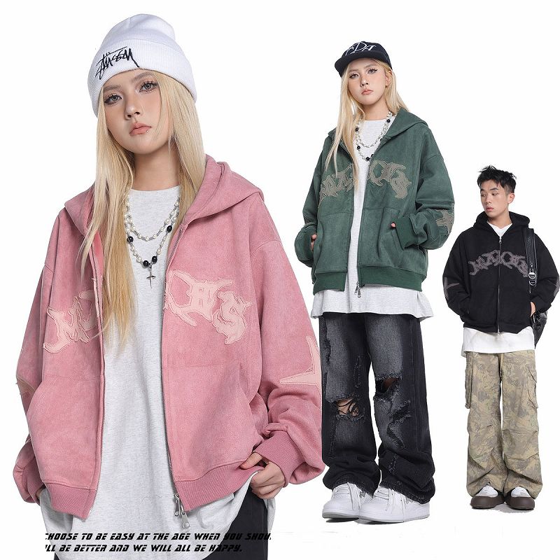 メンズ 刺繍入り スエード ジップアップ パーカー 男女兼用 ストリート系 トップス 春秋 2026新作★全3色