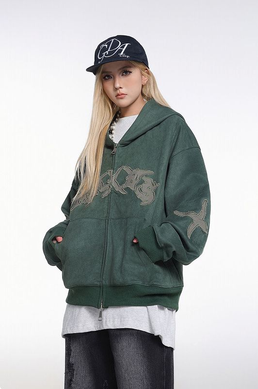 メンズ 刺繍入り スエード ジップアップ パーカー 男女兼用 ストリート系 トップス 春秋 2026新作★全3色