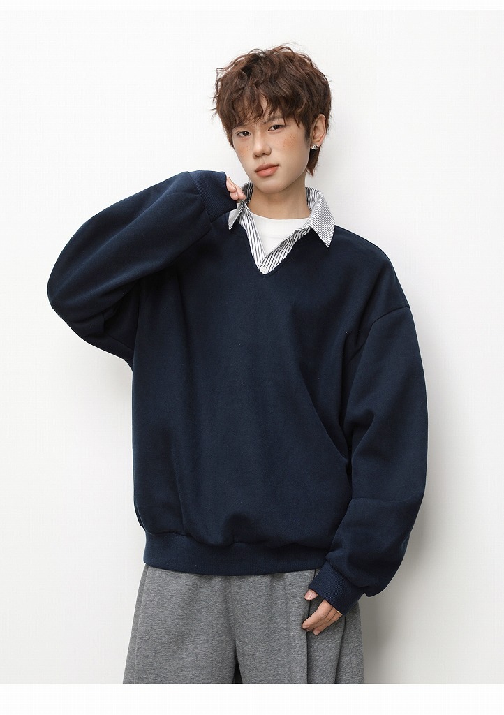 メンズ フェイクレイヤード ストライプシャツ風Vネック スウェット レトロ 学院風 プルオーバー★全3色