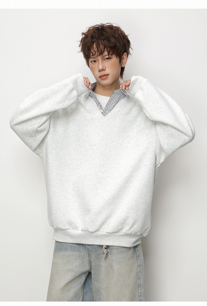 メンズ フェイクレイヤード ストライプシャツ風Vネック スウェット レトロ 学院風 プルオーバー★全3色