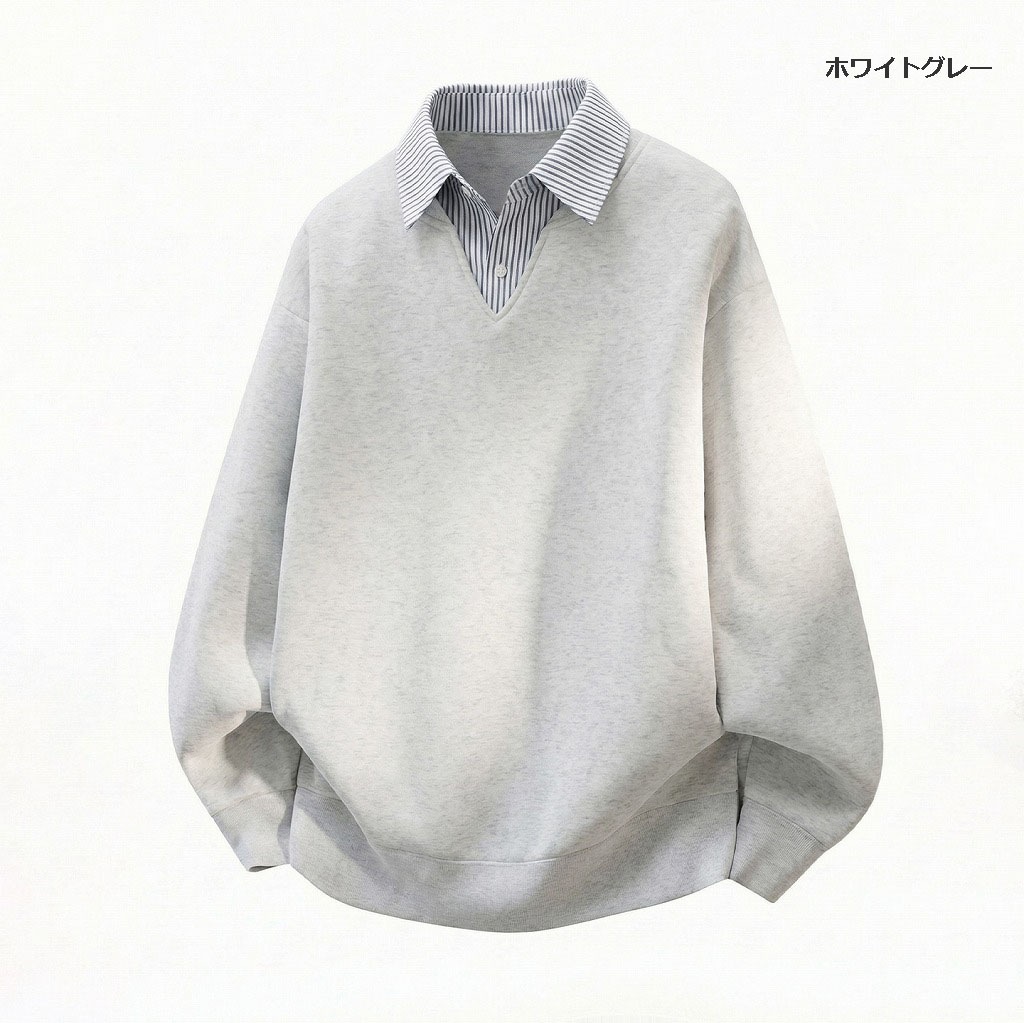 メンズ フェイクレイヤード ストライプシャツ風Vネック スウェット レトロ 学院風 プルオーバー★全3色