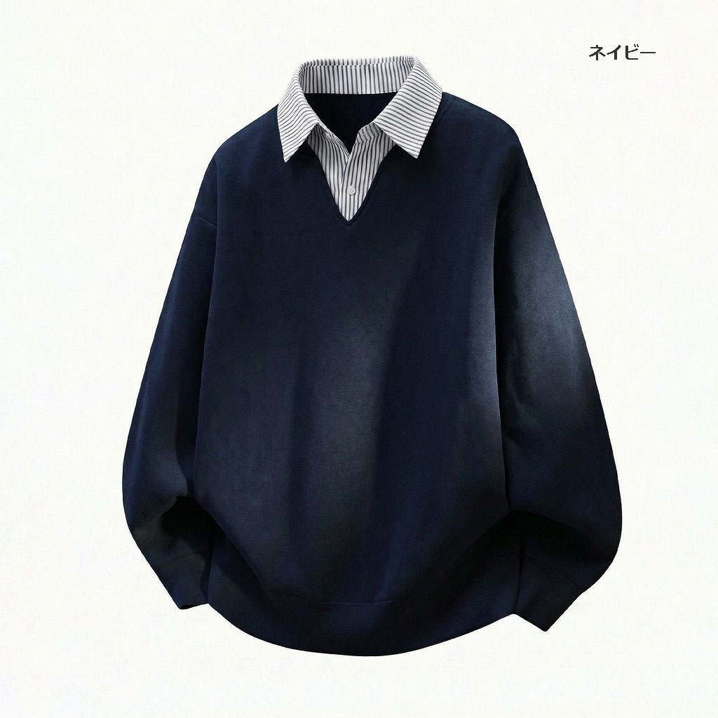 メンズ フェイクレイヤード ストライプシャツ風Vネック スウェット レトロ 学院風 プルオーバー★全3色