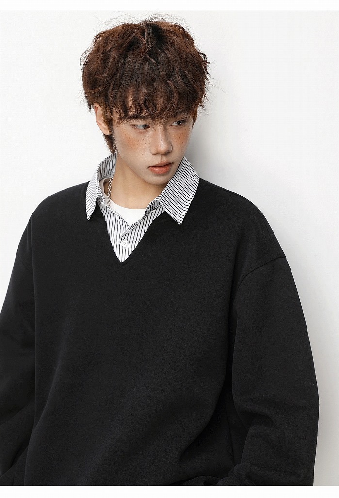 メンズ フェイクレイヤード ストライプシャツ風Vネック スウェット レトロ 学院風 プルオーバー★全3色