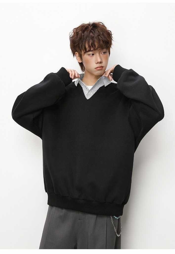 メンズ フェイクレイヤード ストライプシャツ風Vネック スウェット レトロ 学院風 プルオーバー★全3色