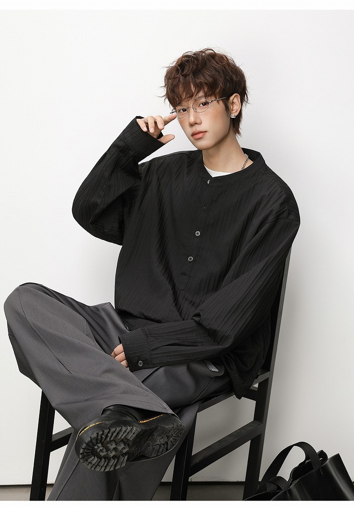 メンズ ハーフボタン 立ち襟 長袖シャツ 春用 オールドマネー風 通気性 カジュアル シャツアウター★全2色