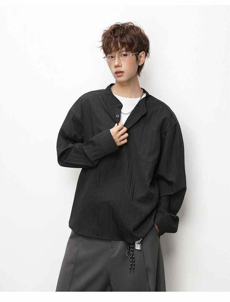 メンズ ハーフボタン 立ち襟 長袖シャツ 春用 オールドマネー風 通気性 カジュアル シャツアウター★全2色