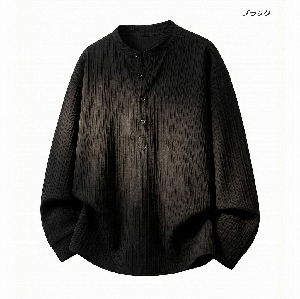 メンズ ハーフボタン 立ち襟 長袖シャツ 春用 オールドマネー風 通気性 カジュアル シャツアウター★全2色