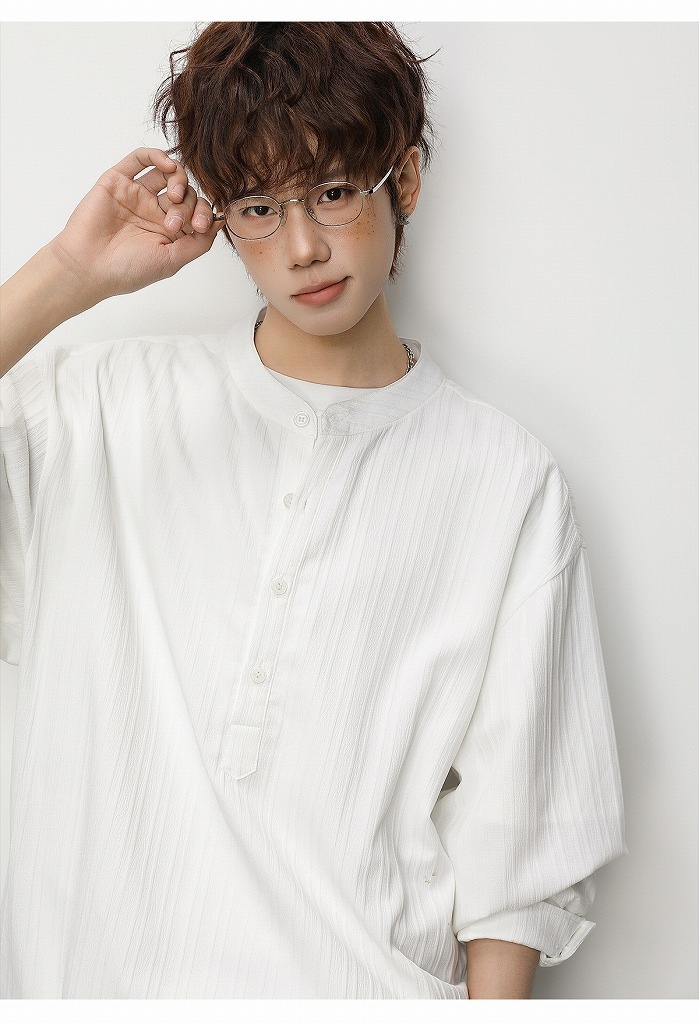 メンズ ハーフボタン 立ち襟 長袖シャツ 春用 オールドマネー風 通気性 カジュアル シャツアウター★全2色