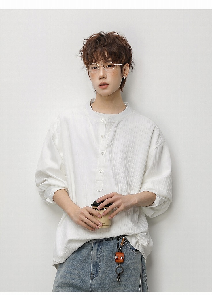 メンズ ハーフボタン 立ち襟 長袖シャツ 春用 オールドマネー風 通気性 カジュアル シャツアウター★全2色