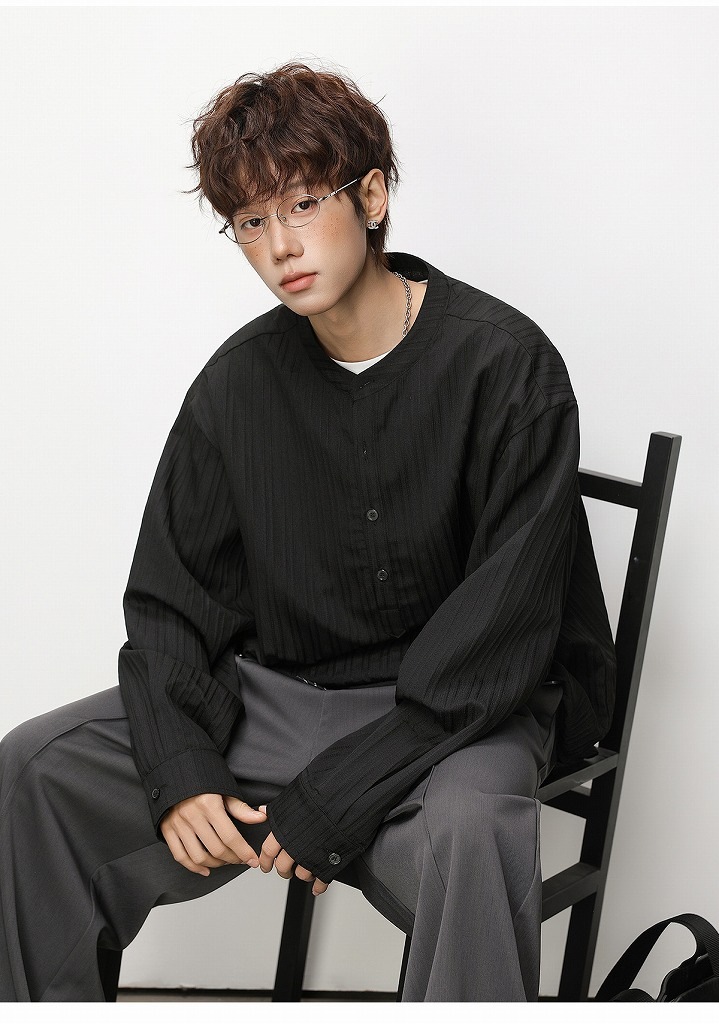 メンズ ハーフボタン 立ち襟 長袖シャツ 春用 オールドマネー風 通気性 カジュアル シャツアウター★全2色