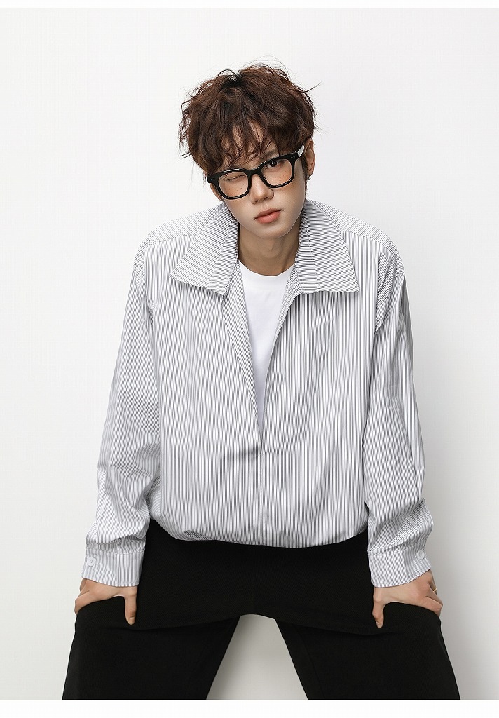 メンズ ストライプ フェイクレイヤード 長袖シャツ 春用 ショート丈 ワイドトップス アウター★全2色