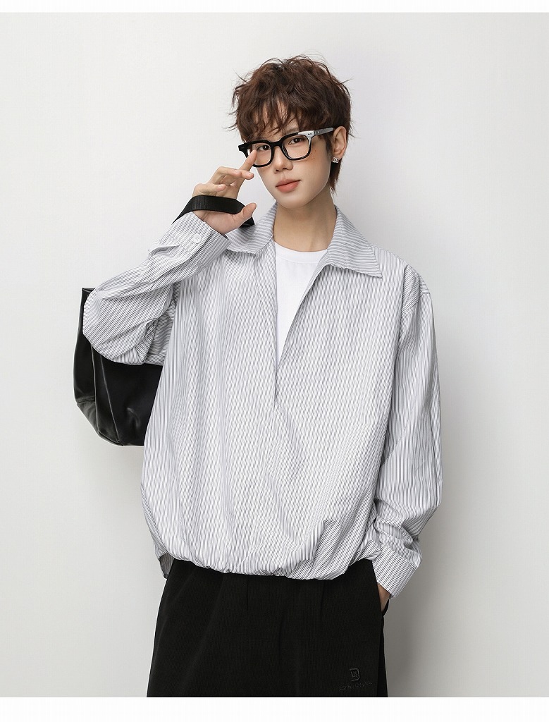 メンズ ストライプ フェイクレイヤード 長袖シャツ 春用 ショート丈 ワイドトップス アウター★全2色